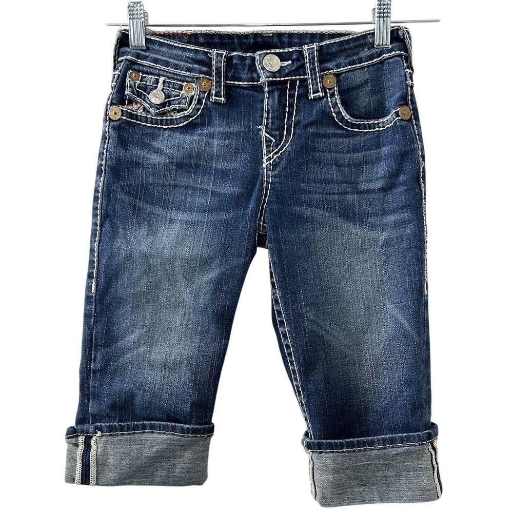 True Religion Rainbow Big T Sophie Shorts 14 Blue Denim Contrast Stitch Y2K Boho